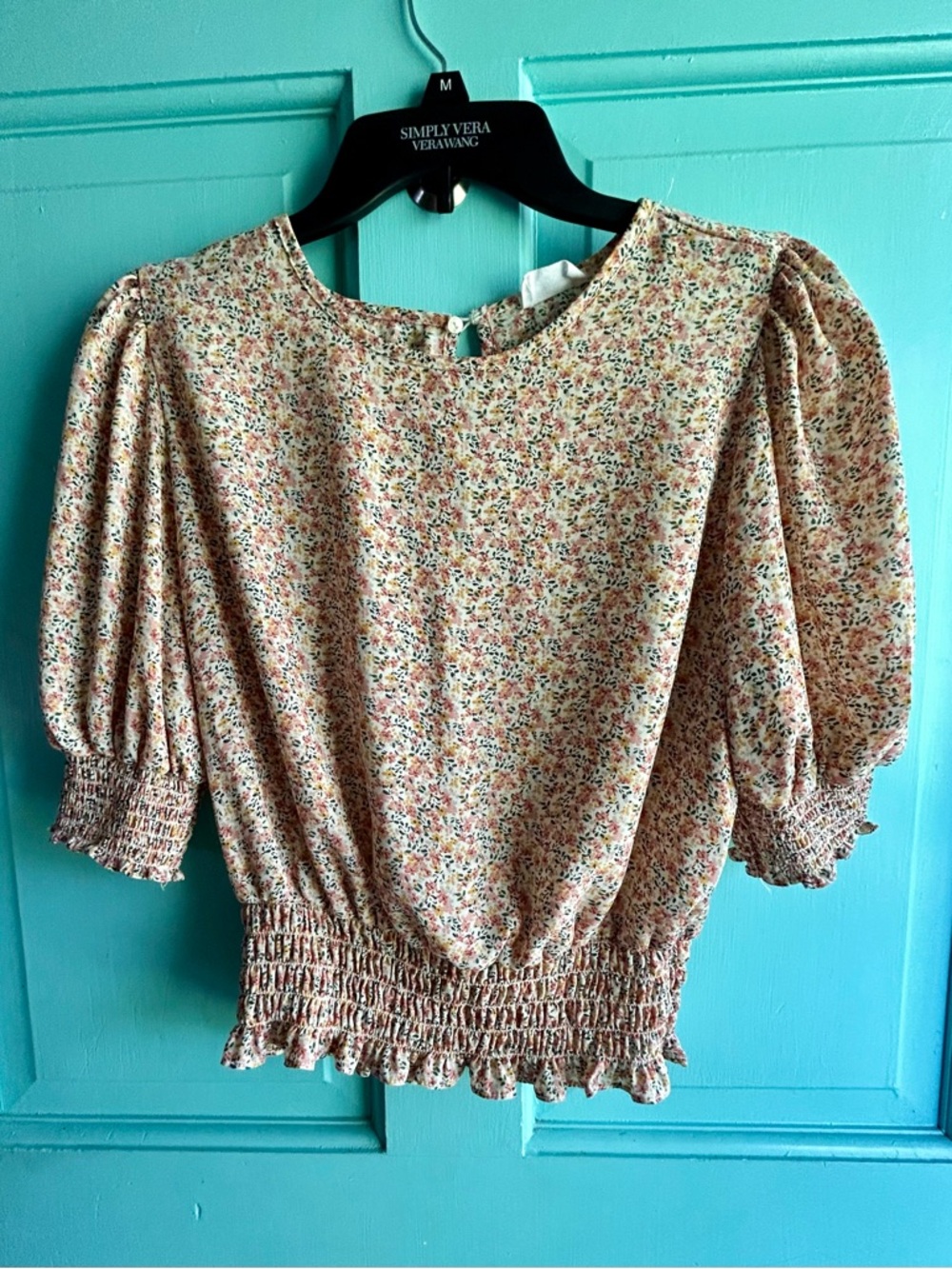 Sienna Sky Peach Floral Puff Sleeve Smocked Waist Blouse